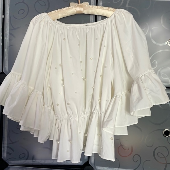 Golden Days Paris White Shirt wPuff Sleeves & Pearls On Front of Shirt Size S/M - Picture 1 of 6